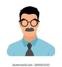 School teacher, professor character. Man with mustache and glasses wearing a shirt and tie. Vector illustration
