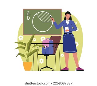 School teacher or professor. Young female math or algebra teacher stands at blackboard and explaining topic of lecture or lesson. Education, learning and study. Cartoon flat vector illustration