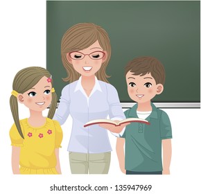 School teacher reading aloud for her pupils. Images of girl and boy are without clopping, remaining clipping mask.