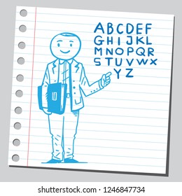 School teacher showing on English alphabet letters