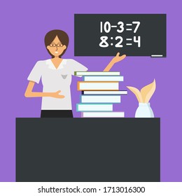 School teacher shows an example of calculation on a blackboard, vector illustration for educational institutions