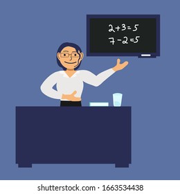 
school teacher shows math examples for first grades, vector illustration