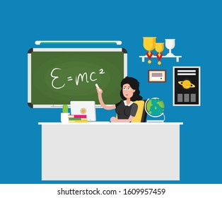 School teacher shows on blackboard. Flat design. Vector illustration.