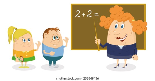 School teacher solving arithmetic exercises on blackboard with two kids, boy and little girl, funny cartoon characters isolated on white background. Vector