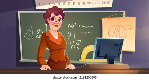 School teacher stand in classroom at blackboard with algebra formula. Female lecturer wear formal suit teaching in college or university class. Woman maths tutor at board Cartoon vector illustration