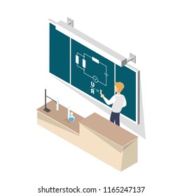 School teacher standing at the chalkboard and giving the lecture. Study physics in college or university. Isolated vector isometric illustration