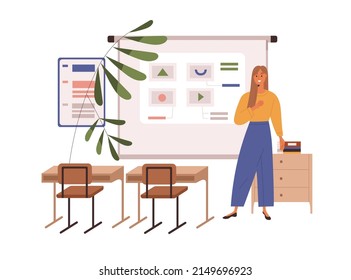 School teacher standing in empty classroom, preparing to conduct lesson, teach. Educator at whiteboard with presentation in class. Woman lecturer. Flat vector illustration isolated on white background