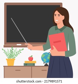 School teacher standing in front of blank school blackboard. Female teacher showing something using pointer stick.Vector illustration 