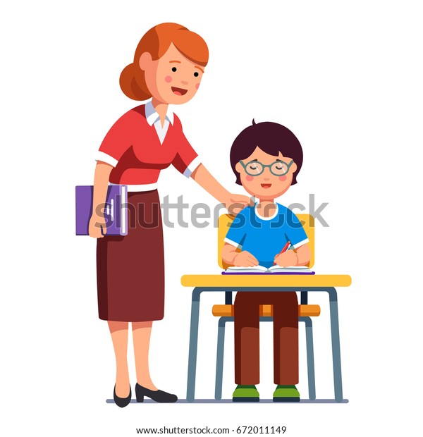 学校の先生が立ち見張りをし 助け 生徒の肩に手を置くよう励ました 机に座って運動本を書いている眼鏡をかけた少年の子供 平らなベクターイラスト のベクター画像素材 ロイヤリティフリー