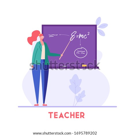 School teacher stands at blackboard and gives lecture. Physics lesson. Concept of school teacher, academic lecturer, speaker, education. Vector illustration in flat design for UI, banner, mobile app