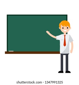 School teacher stands near blackboard. Lecturer in College in classroom. Clean chalkboard for chalk text. Element of Cabinet. Profession at University. man in the suit. Cartoon flat illustration