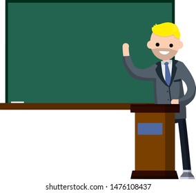 School teacher stands near blackboard. Lecturer in College in classroom. Profession at University. man in suit. Cartoon flat illustration. Podium for speech. Clean chalkboard for chalk text