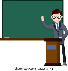 School teacher stands near blackboard. Lecturer in College in classroom. Profession at University. Cartoon flat illustration. Podium for speech. Clean chalkboard for chalk text. man in suit