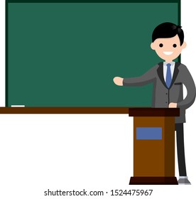 School teacher stands near blackboard. Lecturer in College in classroom. Profession at University. Cartoon flat illustration. Podium for speech. Clean chalkboard for chalk text. man in suit