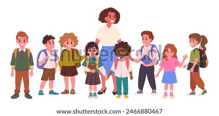 School teacher and students. Cheerful teacher and children group, elementary school students with schoolmaster flat vector illustration. Kids and schoolteacher