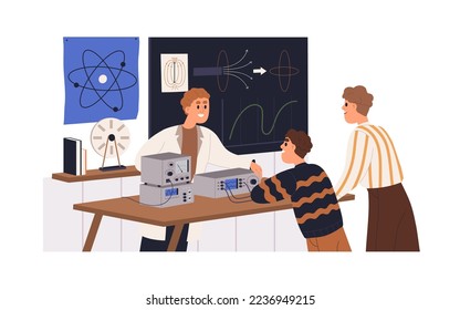 School teacher and students at physics class, lesson in classroom. Scientist and kids pupils conducting experiment in laboratory, study lab. Flat vector illustration isolated on white background