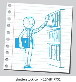 School teacher taking book from library shelf  