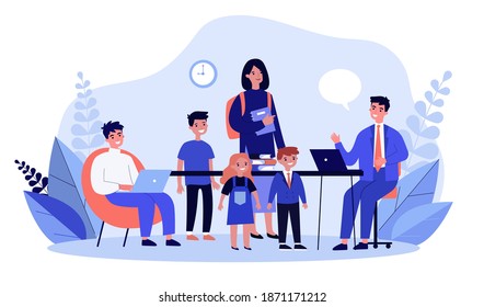 School teacher talking to students. Happy man at laptop, children, stack of books flat vector illustration. Teaching job, studying concept for banner, website design or landing web page