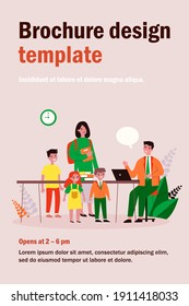School teacher talking to students. Happy man at laptop, children, stack of books flat vector illustration. Teaching job, studying concept for banner, website design or landing web page