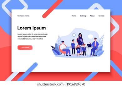 School teacher talking to students. Happy man at laptop, children, stack of books flat vector illustration. Teaching job, studying concept for banner, website design or landing web page