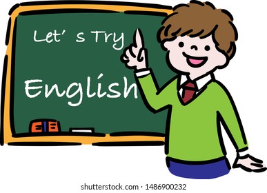 School teacher teaches English in front of the blackboard