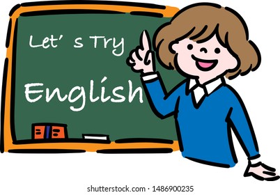 School teacher teaches English in front of the blackboard