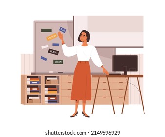 Enseñanza de profesores de escuela, parados en la pizarra en el aula. Educadora sonriente que imparte clases, da clases en clase, explica información. Ilustración vectorial plana aislada en fondo blanco