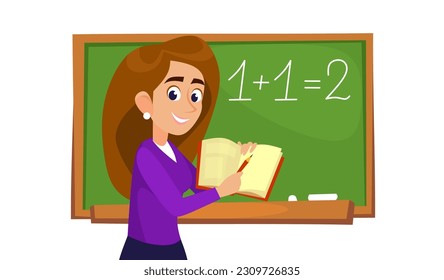 A school teacher with a textbook in front of a blackboard isolated on a white background. A banner with a female professor in a classroom teaching students in a preschool. Cartoon vector illustration