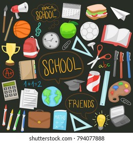 School Teacher Tools Learning Color Isolated Doodle Icons Hand Made Clip Art