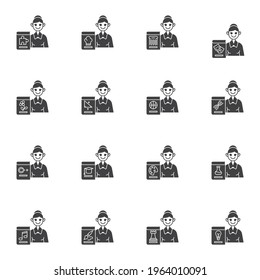 School teacher vector icons set, modern solid symbol collection, filled style pictogram pack. Signs, logo illustration. Set includes icons as chemistry teacher, geometry, physics science, anatomy