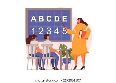 School teacher web concept in flat design. Woman points at alphabet on blackboard, classmates studying and sit at desks in class. Education and gain knowledge. Vector illustration with people scene