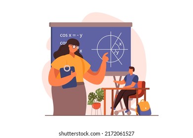 Schullehrer Web-Konzept in flachem Design. Frauentrainer weisen auf die Tafel hin und erklären mathematics.Schoolboy Lernen in der Unterrichtsstunde. Bildung und Wissen. Vektorgrafik mit Menschen-Szene