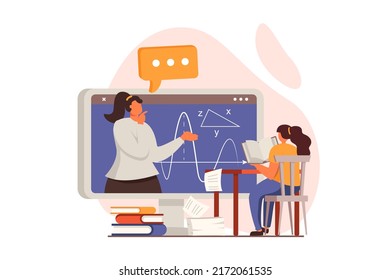 School teacher web concept in flat design. Schoolgirl reads book and watches video lecture. Teacher explains in online webinar. Education and gain knowledge. Vector illustration with people scene