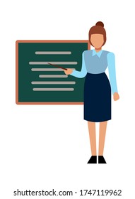 School teacher. Woman presenting or explaining in front of graphic board, vector cartoon education learning character