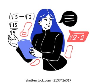 School teacher at work. Girl deduces equations. Fractions and roots, algebra and complex problems. Character with chalk and book, test or exam. Lecture at university. Cartoon flat vector illustration