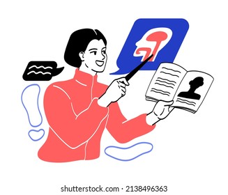 School teacher at work. Girl explains structure of head, anatomy lessons and schematic example. Character with book and pointer. Biology in High School, University. Cartoon flat vector illustration