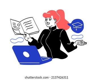 School teacher at work. Girl giving lecture online. Character with notebook in his hand in front of laptop. Distance learning, online courses and modern technologies. Cartoon flat vector illustration