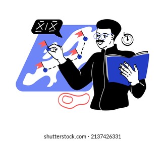 School teacher at work. Man with mustache in glasses explains story. Map with historical battlefields and population migrations. Memory, information and knowledge. Cartoon flat vector illustration