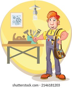Escuela. Profesor de escuela. El profesor del taller. Maestra con herramientas. Profesora de trabajo. Taller. Bolsa de herramientas. Cambinison.