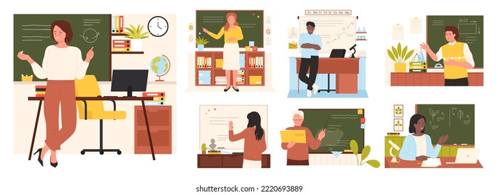 School teachers at blackboards set vector illustration. Cartoon adult female and male characters holding pointer and chalk to explain lesson in classroom and teach students, board presentation