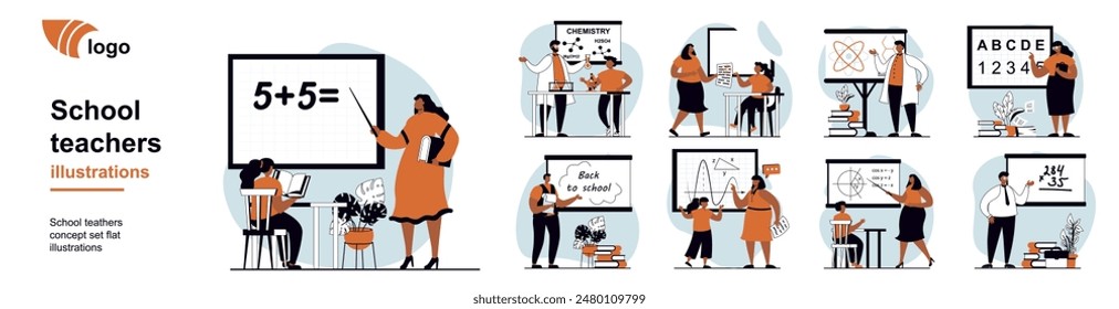 School teachers concept with people scenes mega set in flat web design. Bundle of character situation with tutors teach lessons, explain math or chemistry to pupils in class. Vector illustrations.