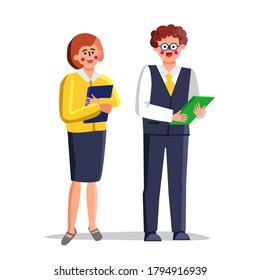 School Teachers Man And Woman With Journal Vector. Smiling School Teachers Adult People For Teach Pupils. Professional Teaching Characters Lessons And Education Flat Cartoon Illustration
