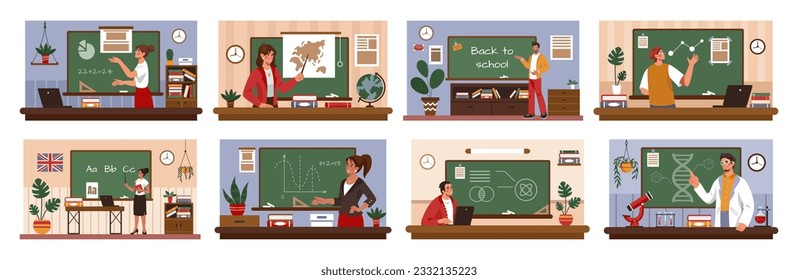 School teachers. Professor at classroom blackboard. Lecture or studying presentation. People teaching physics and mathematics. Educational lessons set. Vector tidy flat illustration