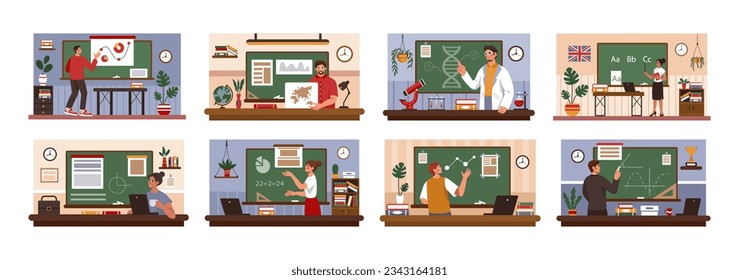 School teachers. Professor at classroom blackboard. Students studying. Science class. People teaching chemistry and mathematics. Education lessons set. Vector tidy cartoon illustration