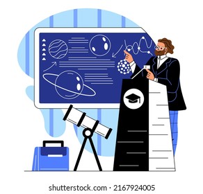 Maestros de escuela. Un hombre con gafas y micrófono dirige una conferencia en la universidad o en un aula. Astrología y astronomía, física y exploración del espacio y las galaxias. Dibujo vectorial plano de dibujos animados