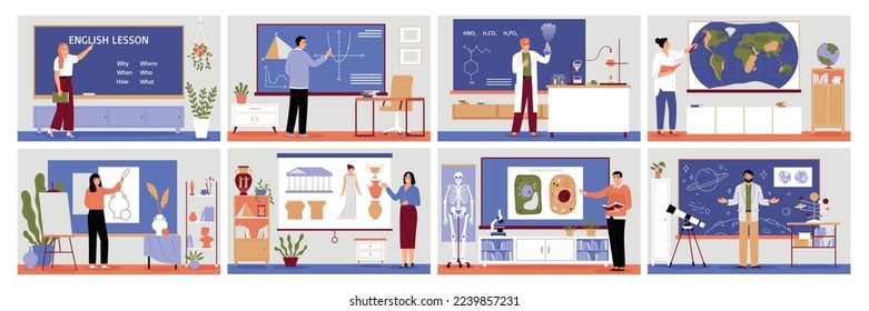 School teachers teaching various subjects in classroom flat set of compositions isolated vector illustration