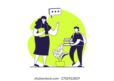 Concepto de Web de maestros de escuela con personas planas para el diseño de Sitio web. Mujer trabaja en la escuela, enseñando a alumno en clase, explicando información a un escolar con libros de texto en Biblioteca. Ilustración vectorial.