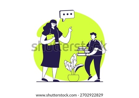 School teachers web concept with flat people for website design. Woman works in school, teaching pupil in class, explaining information to schoolboy with textbooks in library. Vector illustration.