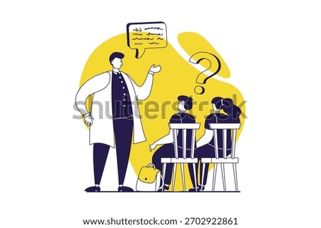 School teachers web concept with flat people for website design. Man works in school, teaching pupils at lessons in classroom, asking questions to schoolboy and schoolgirl. Vector illustration.