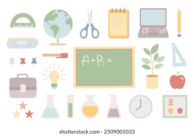 School, teaching and learning supplies, cute set of elements. Cartoon flat vector illustration. 